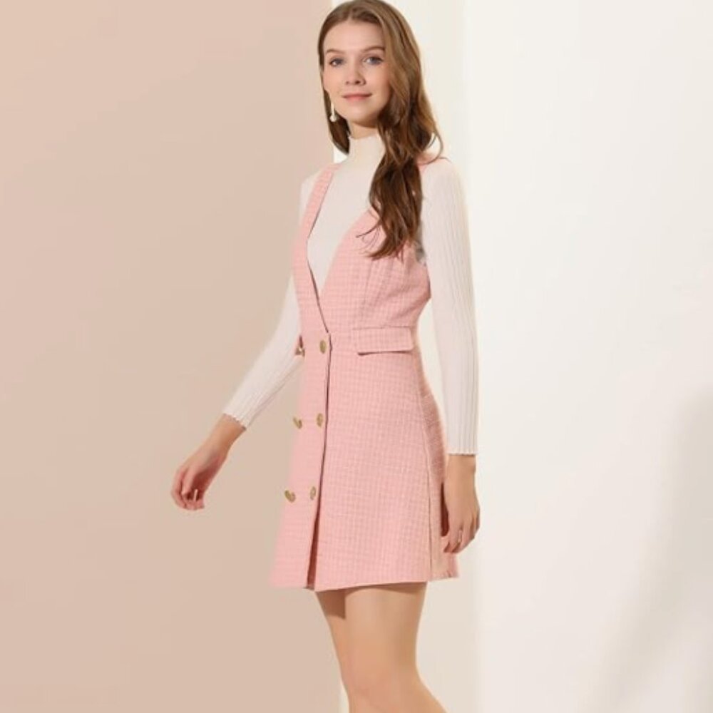Allegra K Plaid Tweed Button-Front Pinafore Dress